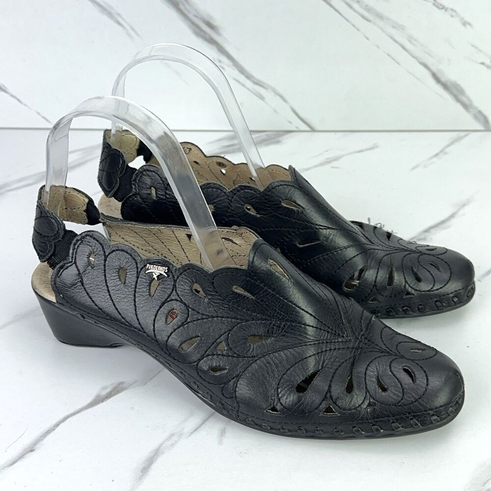 Pikolinos Black Slingback Embroidered Floral Laser Cut Pump Heel Sz EU 39 US 8.5